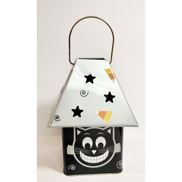 Cat Lantern Halloween Luminary Tin Metal Vtg Look Candycorn Lantern Decor - Picture 1 of 5